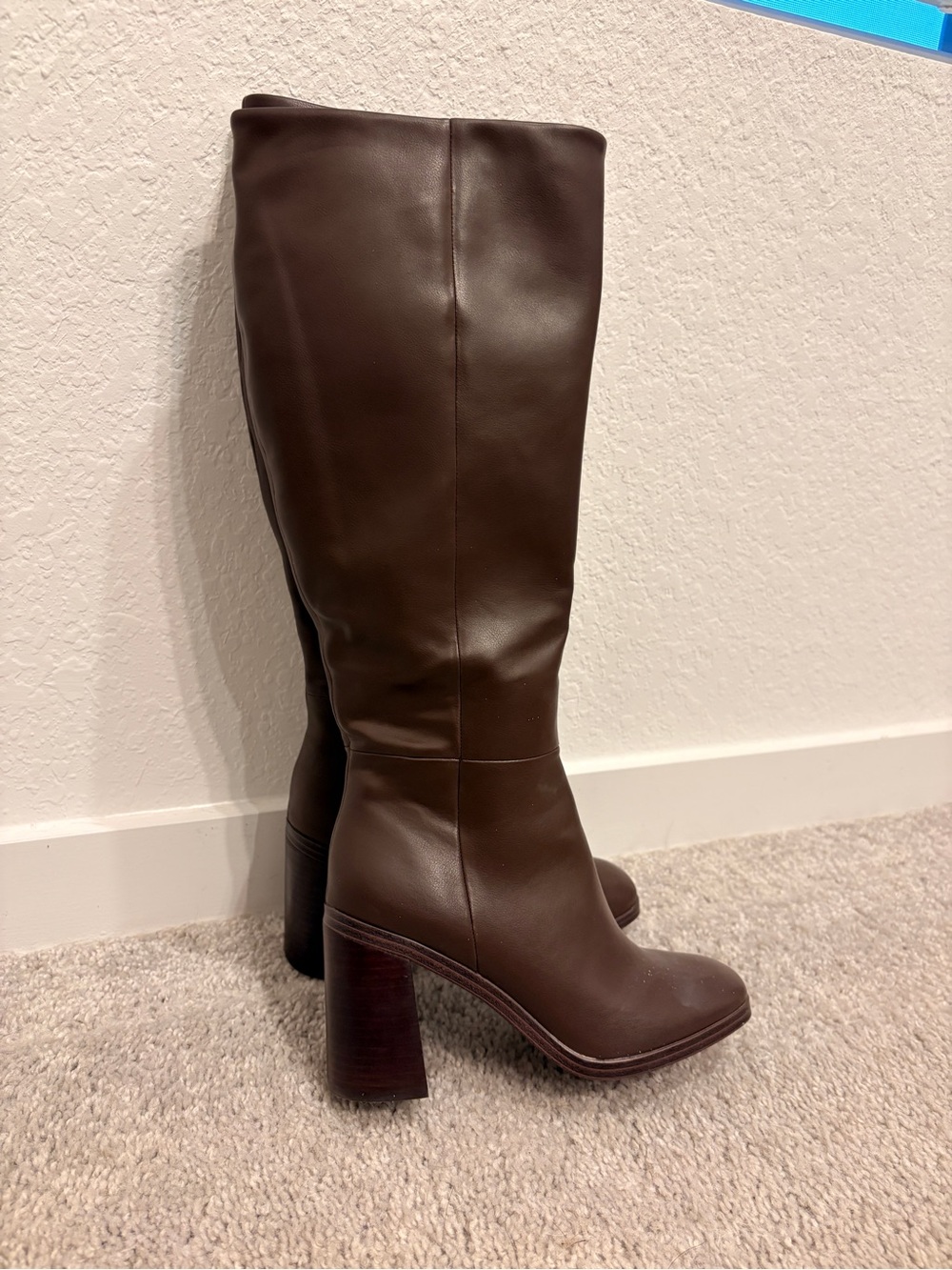 Women's Dark Brown faux Leather Knee-High Block Heel Boots